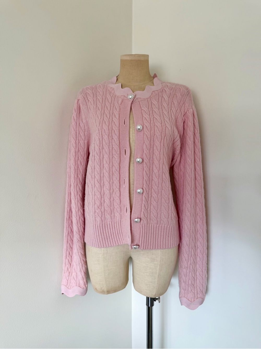 Blush Cable Knit Cardigan with Ric-Rac Trim